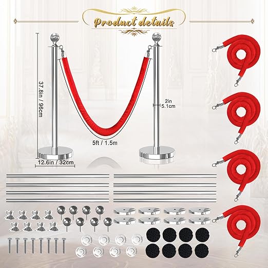 8Pcs Sliver Stanchion Post Queue Velvet Ropes and Posts - Image 2