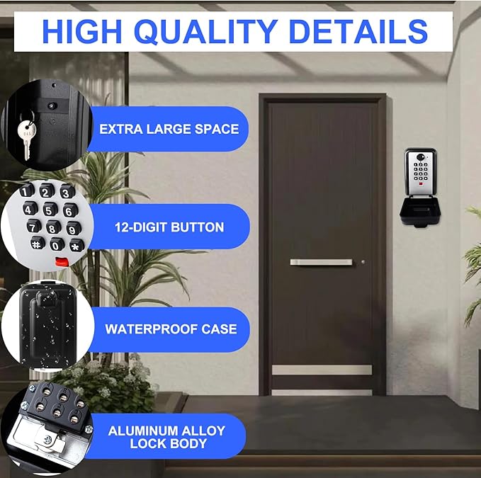 Key Lock Box, 12-Digit Code, Weatherproof Wall Mount, Large Capacity 5-8 Keys - Image 3