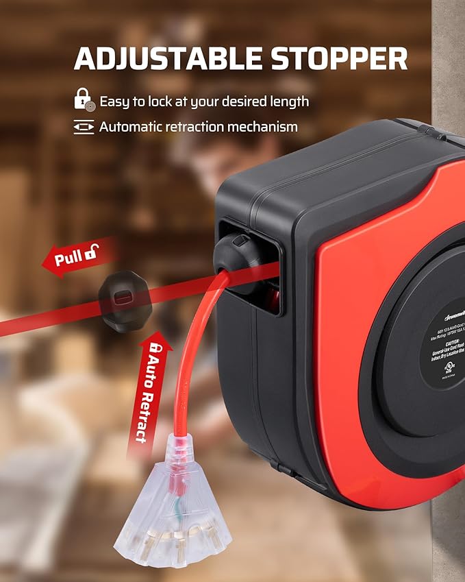 DEWENWILS Retractable Cord Reel, 60FT Heavy Duty Extension Cord, 12AWG/3C SJTOW - Image 4