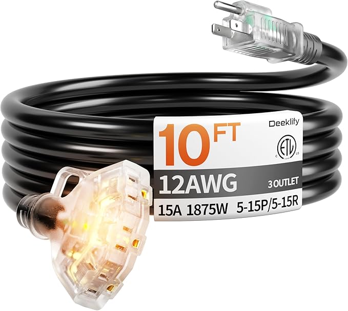 10 ft 12 Gauge 3 Outlet Extension Cord Splitter by Deeklify