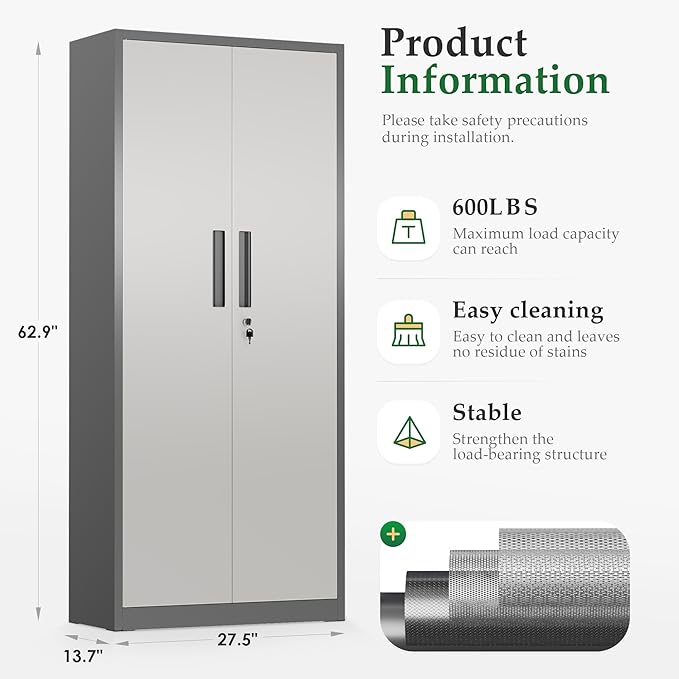 Crownland 63" Metal Storage Cabinet, Lockable Garage Storage Cabinets, High - Image 3