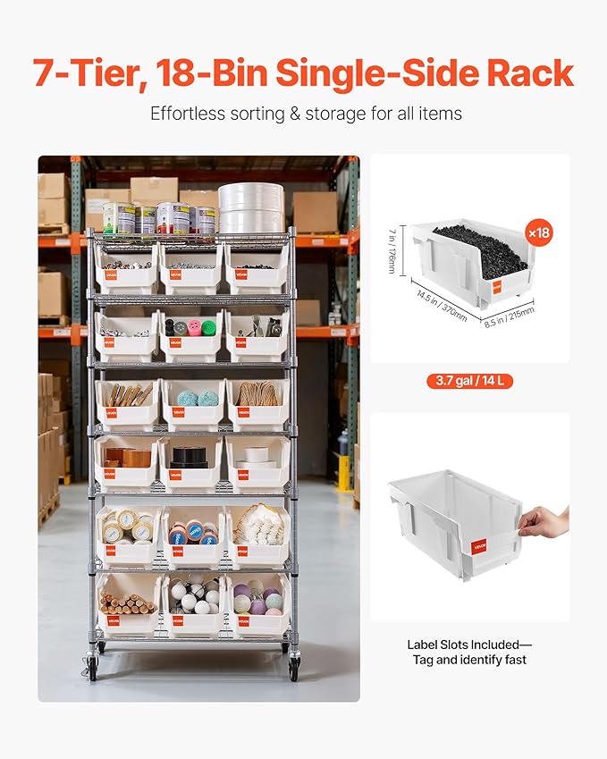 VEVOR 7-Tier Rolling Bin Storage Rack, 18 Organizer Bins, Bin Rack Storage - Image 2