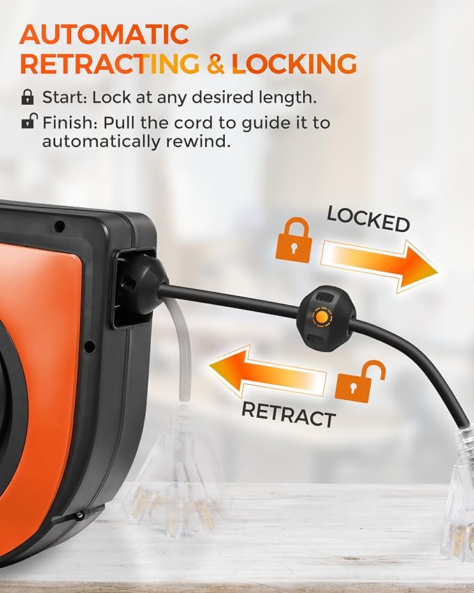 Retractable Cord Reel, 75 FT Heavy Duty Extension Cord, 14AWG/3C SJTOW - Image 7