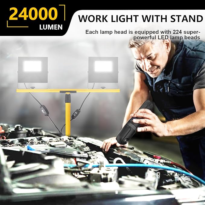 24000 Lumen Work Lights with Stand, 2 Adjustable Head LED Work Light with - Image 2