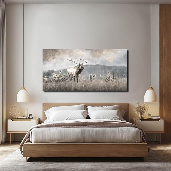 ZHENGYIN Extra Wide Panoramic Elk Canvas Wall Art, Western Deer Meadow - Image 4