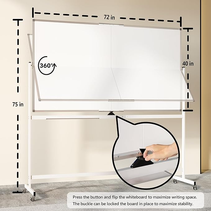 Large Rolling Whiteboard on Wheels, Portable Standing Magnetic Dry Erase Board - Image 3