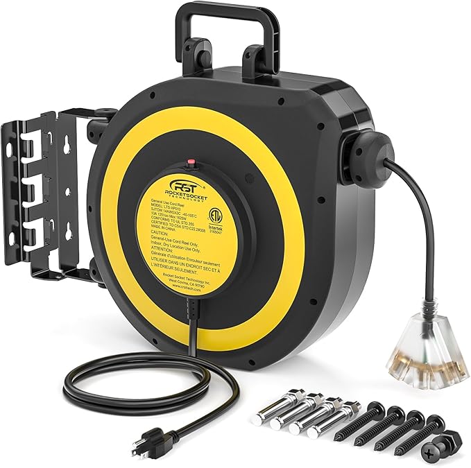 CRST 50 FT Retractable Extension Cord Reel, 14AWG/3C SJTOW Heavy Duty Power Cord by CRST