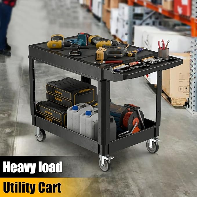 2 Tier Rolling Utility Cart on Wheels, 1000 lbs Capacity Flat Top Plastic - Image 5