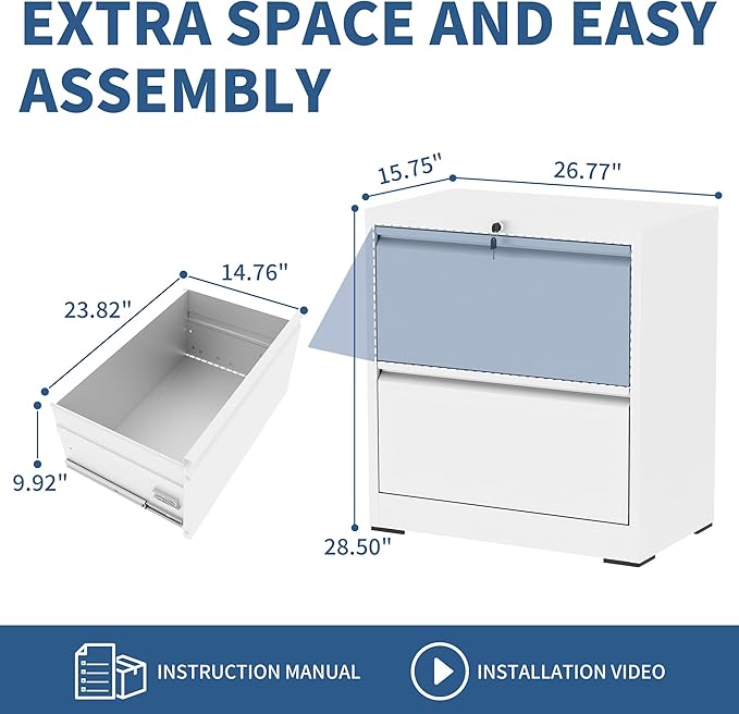 2 Drawer File Cabinet with Lock, Heavy Duty Steel Horizontal Locking Storage - Image 3
