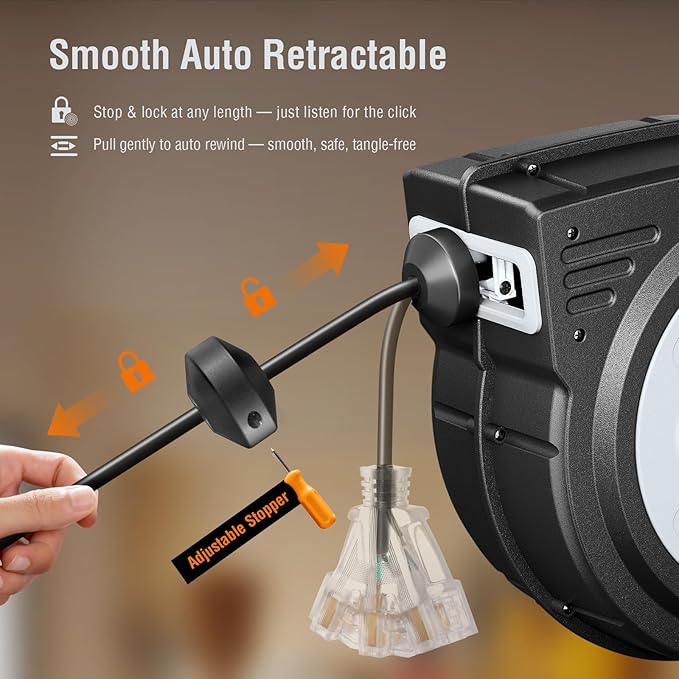 SURAIELEC 80 FT Retractable Extension Cord Reel, 14 AWG SJTOW Power Cord - Image 3