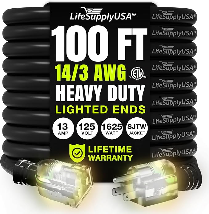 100ft Outdoor/Indoor Extension Cord 14/3 Gauge Heavy Duty 3 Prong SJTW by LifeSupplyUSA