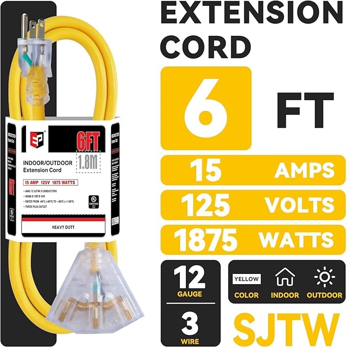 EP 6 Ft 12 Gauge Heavy Duty Extension Cord, 15A 125V 1875W, 3 Outlet - Image 2