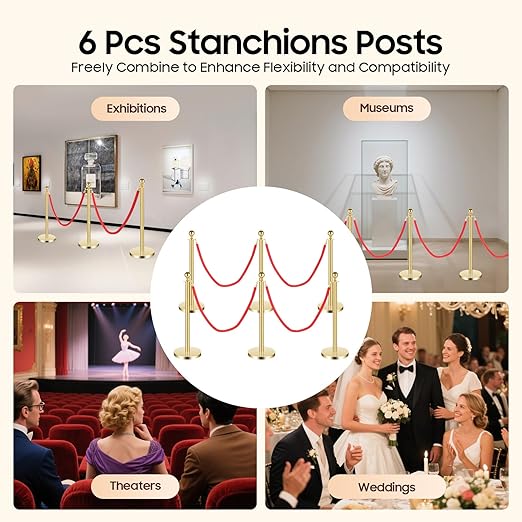 Red-Gold Stanchions Posts, 6 Packs Stanchion Set Crowd Control Barriers - Image 4