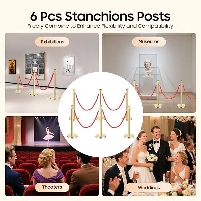 6 PCS Gold Stanchion Posts, Crowd Control Barriers, 5 ft Red Velvet Rope Carpet - Image 7