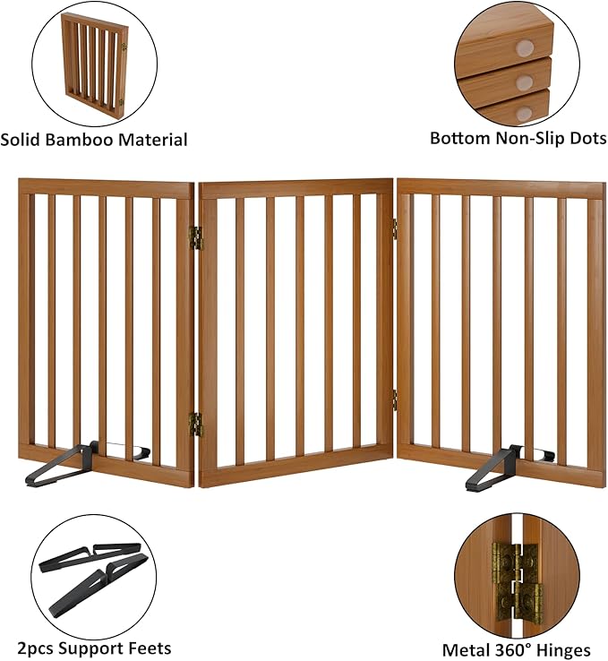 Freestanding Pet Gate Foldable Dog Gate Walnut Bamboo Dog Gates - Image 5