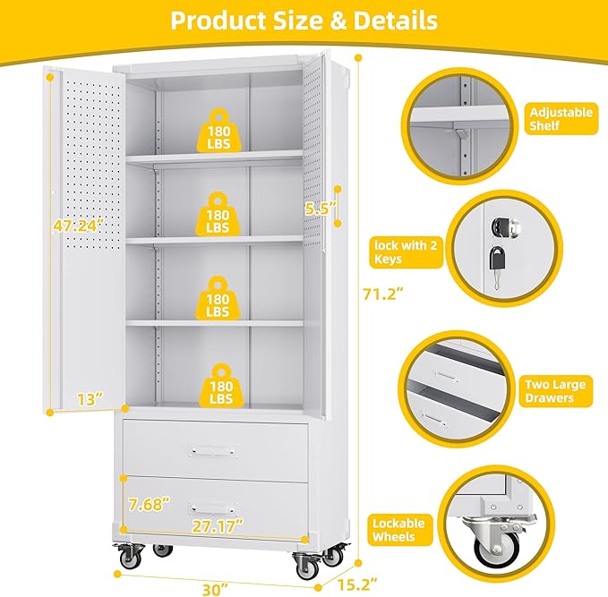 Garage Storage Cabinet with 2 Drawers and Pegboard, Metal Storage Cabinet with - Image 3