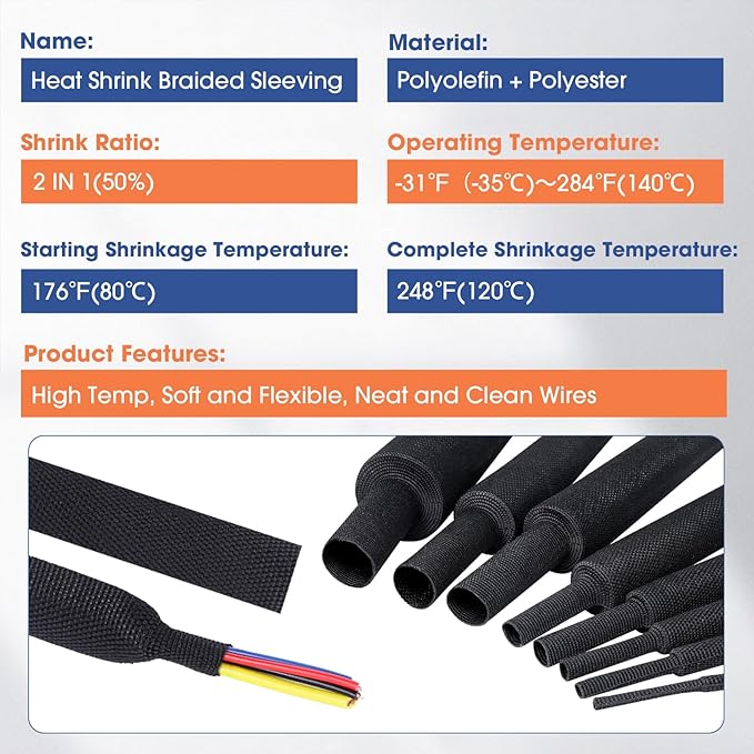 2:1 Heat shrinkable Braided Sleeving Fabric Wire Loom High Temp Heat Shrink - Image 5