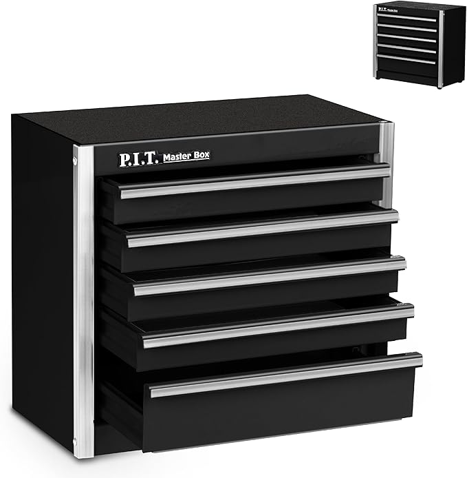 P.I.T. Mini Black Tool Box, Portable 5-Drawer Micro Roll Cab Steel Stackable by PIT