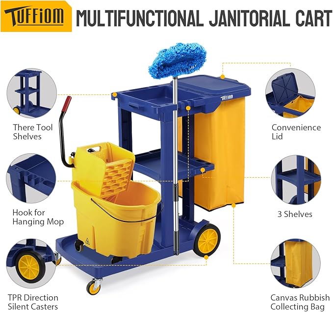 TUFFIOM Commercial Traditional Cleaning 3-Shelf Janitorial Cart, 500 Lbs - Image 2