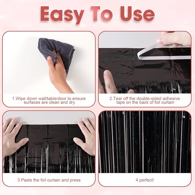 3 Pack 3.3 x 8.2 ft Laser Black Foil Fringe Backdrop Curtains, Tinsel Streamers - Image 5