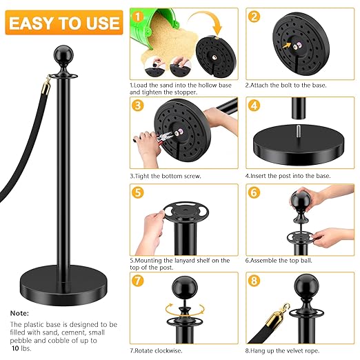 LOVMOR Stainless Steel Stanchion Post, 5 FT Black Carpet Ropes, Stanchion Post - Image 5