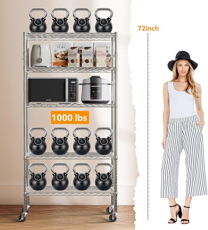 YNN Storage Shelves, 1750Lbs 5 Tier Heavy Duty Metal Rolling Shelving Unit - Image 4
