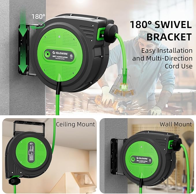 80FT Retractable Extension Cord Reel, 14 AWG/3C SJTOW Heavy Duty Power Cord - Image 8