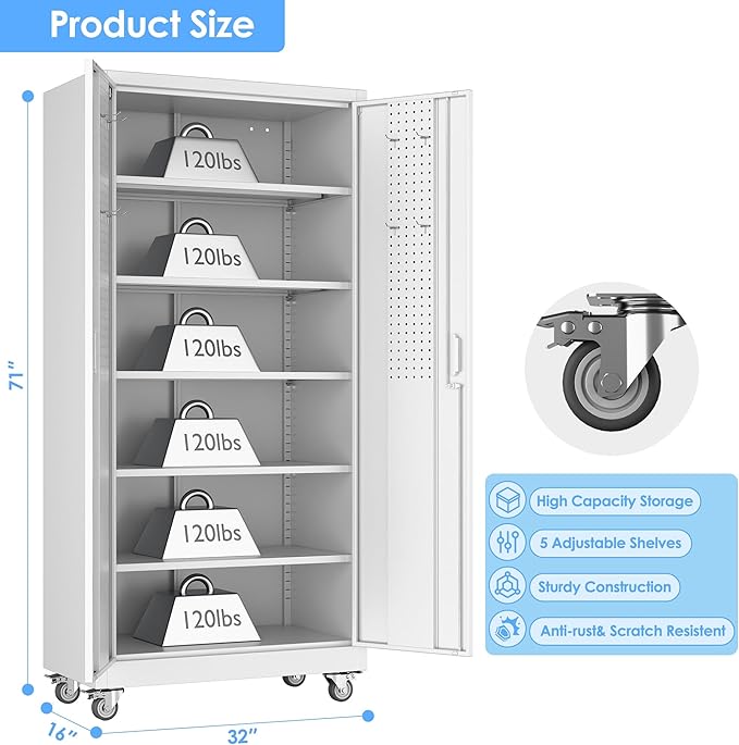 Metal Storage Cabinet with Wheels and Pegboard, Assembly Required - Image 3