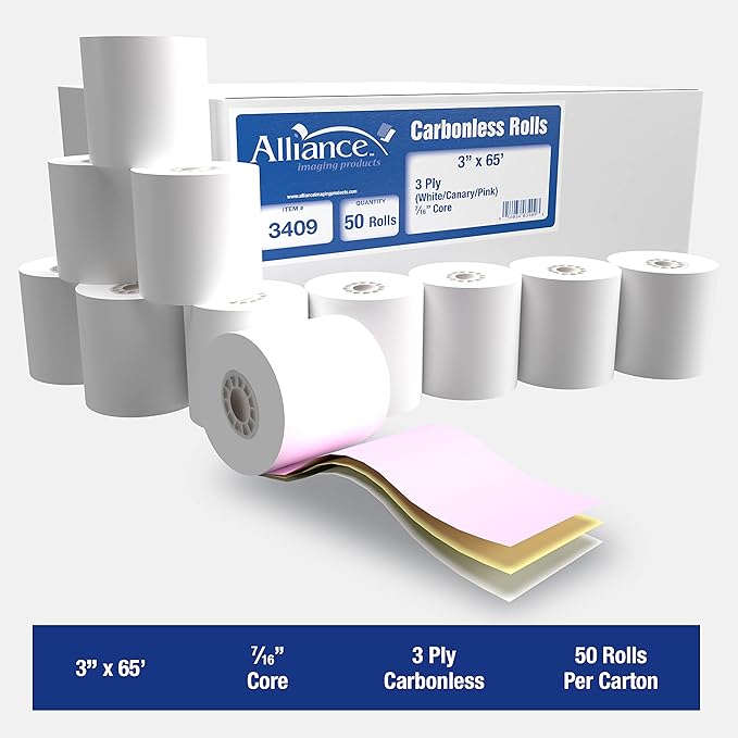 Alliance, Receipt Rolls, 3 Ply White/Canary/Pink, 50 Rolls Per Carton - Image 2