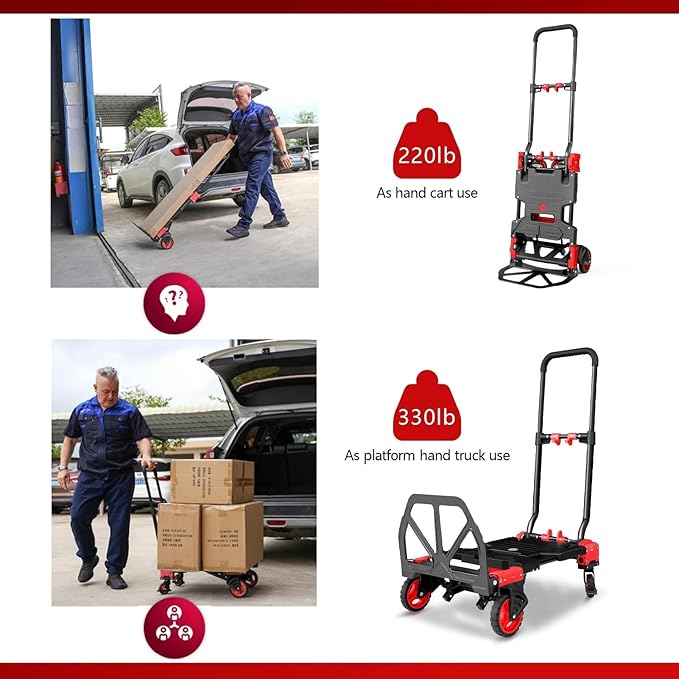 2 in 1 Hand Truck Dolly Foldable, 330LB Folding Hand Truck Heavy Duty Carrying - Image 3