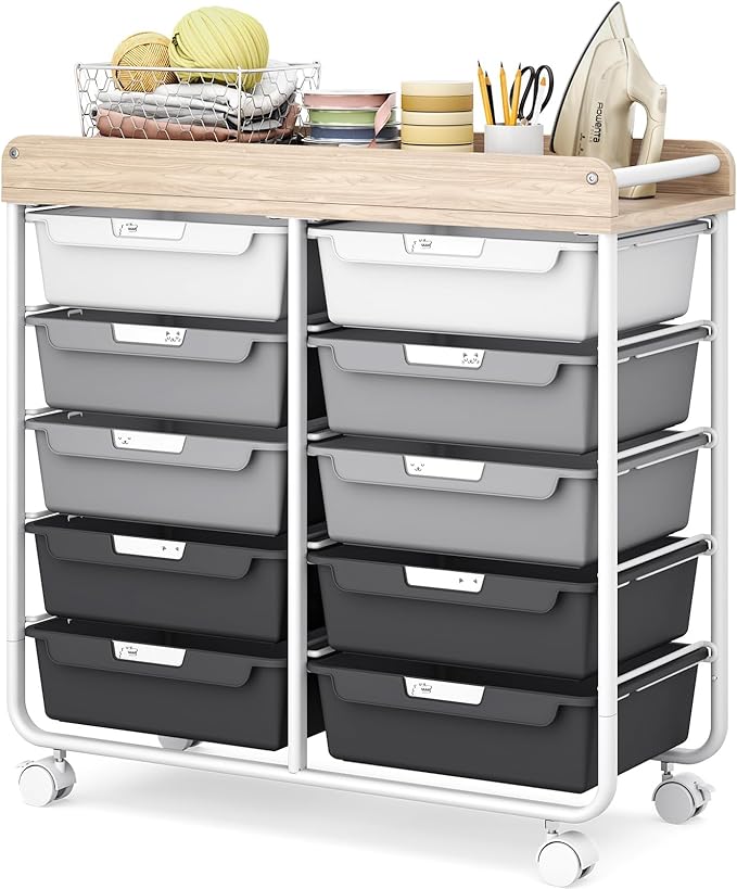 10 Drawers Rolling Cart with Wooden Tabletop, Utility Storage Cart with Wheels by APEXCHASER