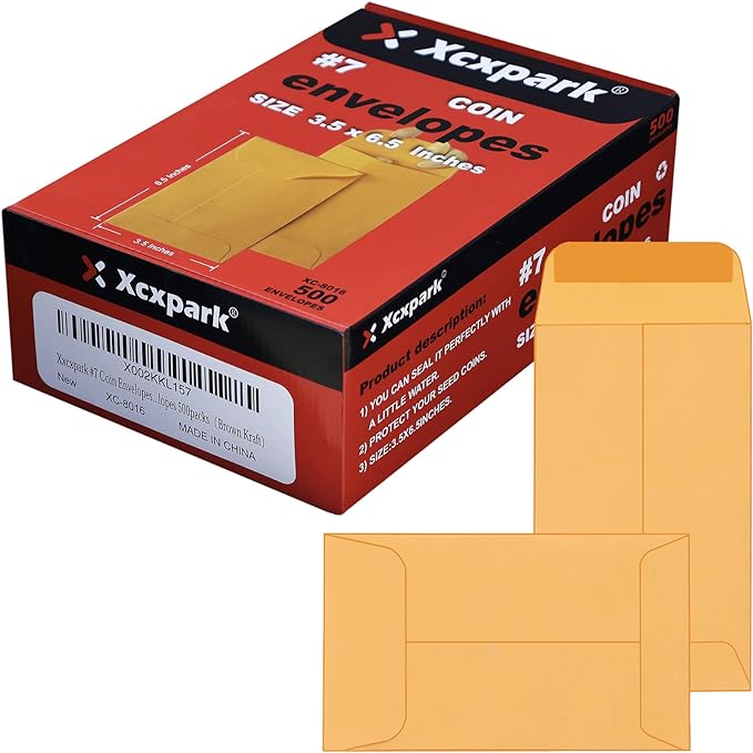 500 PCS #7 Coin Envelopes, 3.5 x 6.5 inches Brown Kraft Envelopes Classic Small by Xxcxpark