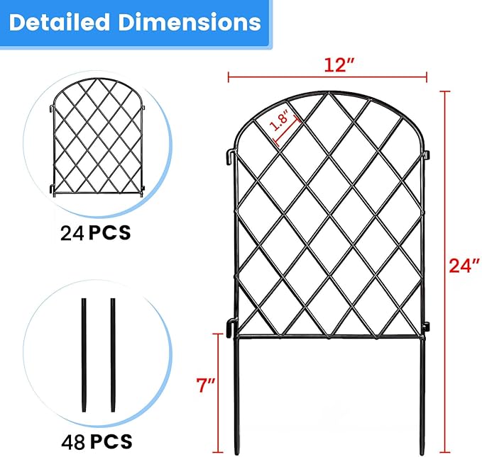 Decorative Garden Fence 24 Pack, 24 Ft X 24 in Black Mesh Rustproof Metal Fence - Image 3