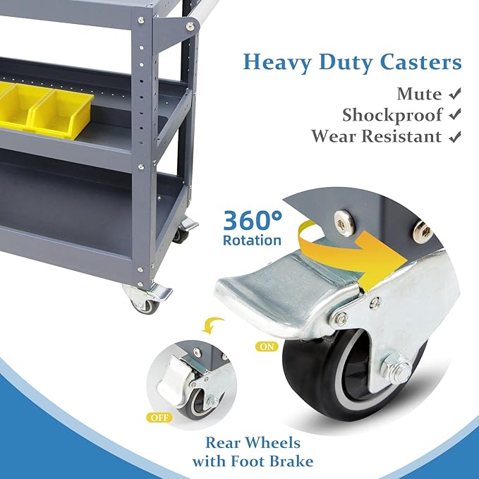 3 Tier Rolling Tool Cart, 500 lbs Capacity, 31.5"x29"x15", Mechanics Cart - Image 6