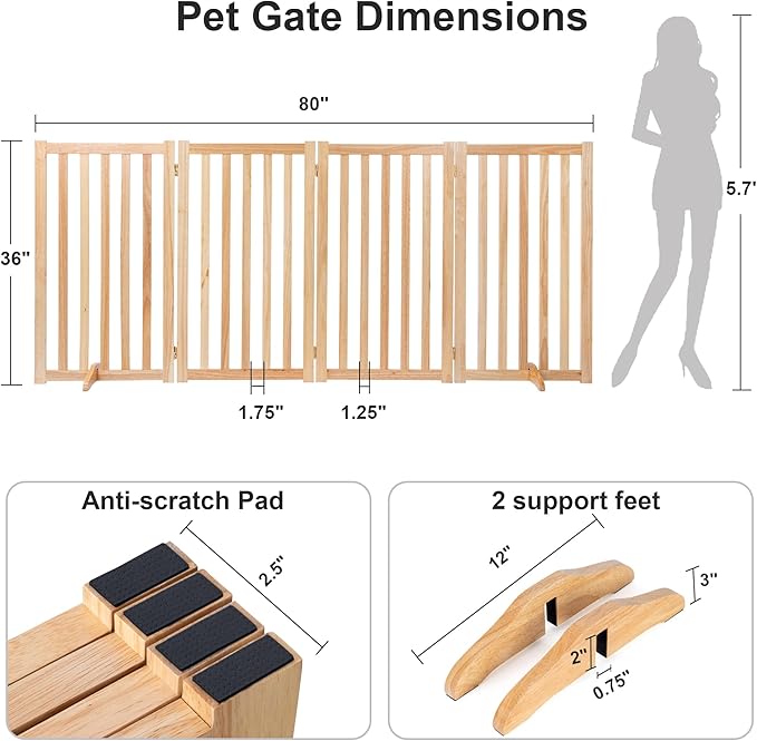 36" Height Extra Tall Freestanding Pet Gate, Solid Wood Folding Safety Fence - Image 2