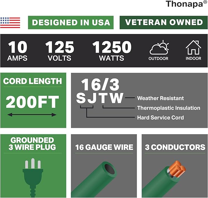 Green Outdoor Extension Cord 200 FT- 16/3 SJTW Weatherproof Extra Long - Image 2
