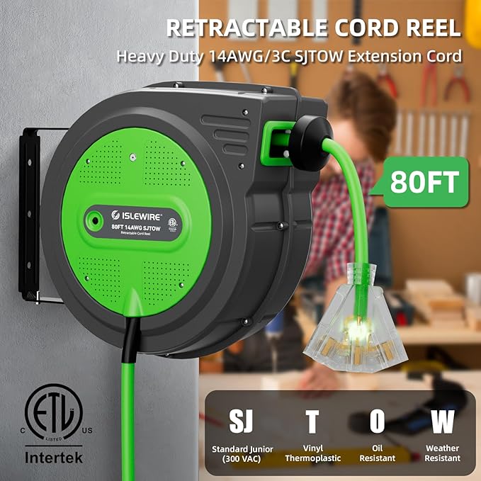 80FT Retractable Extension Cord Reel, 14 AWG/3C SJTOW Heavy Duty Power Cord - Image 2