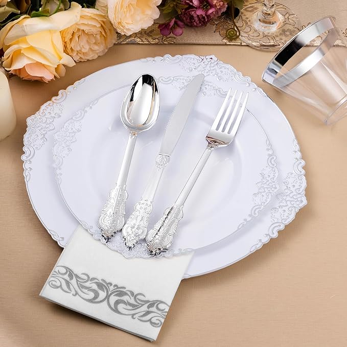 350PCS Silver Plastic Plates for 50 Guests, Disposable Dinnerware Set Includes - Image 4