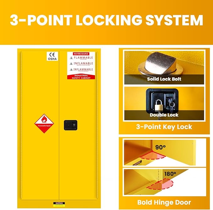 90 Gallon Yellow Flammable Storage Cabinet, Fireproof Steel Chemical Storage - Image 7