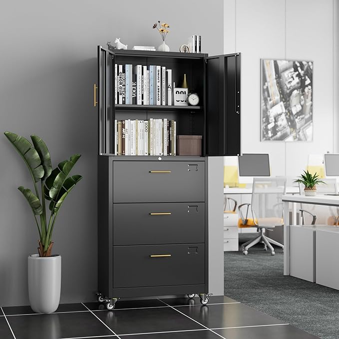 METAN Metal File Cabinet with 3 Drawers and 1 Shelves, Office Filing Cabinet on - Image 2