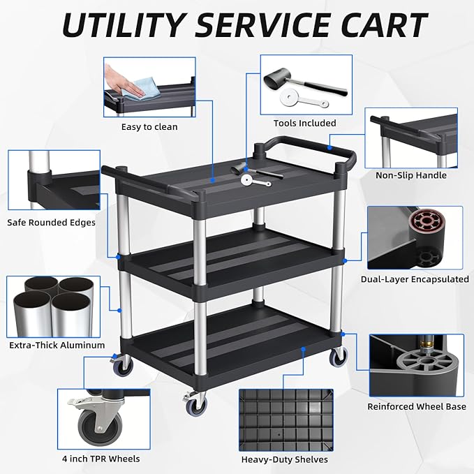 Plastic Utility Carts with Wheels, 3-Tier Rolling Service Cart, 300 lbs Heavy - Image 6