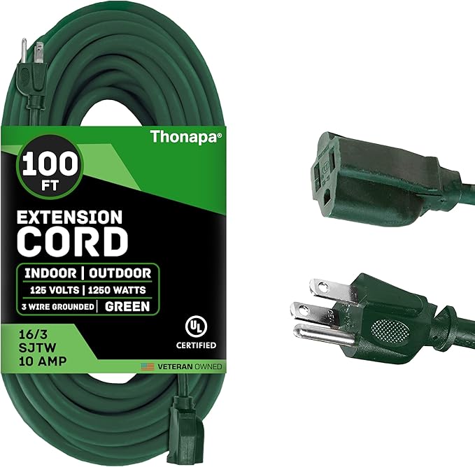 Weatherproof Outdoor Extension Cord 100 ft, 16/3 SJTW 100ft Green Extension by Thonapa