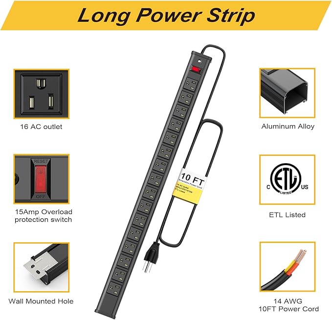 16 Outlets Long Power Strip Metal Wall Mount Power Strip 10 FT Heavy Duty - Image 5