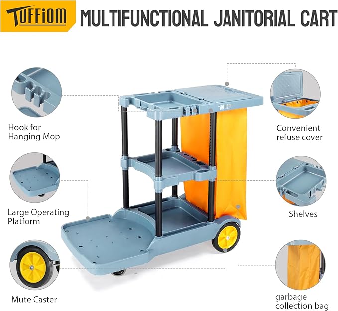 TUFFIOM Commercial Traditional Cleaning Janitorial 3-Shelf Cart, 500 Lbs - Image 4