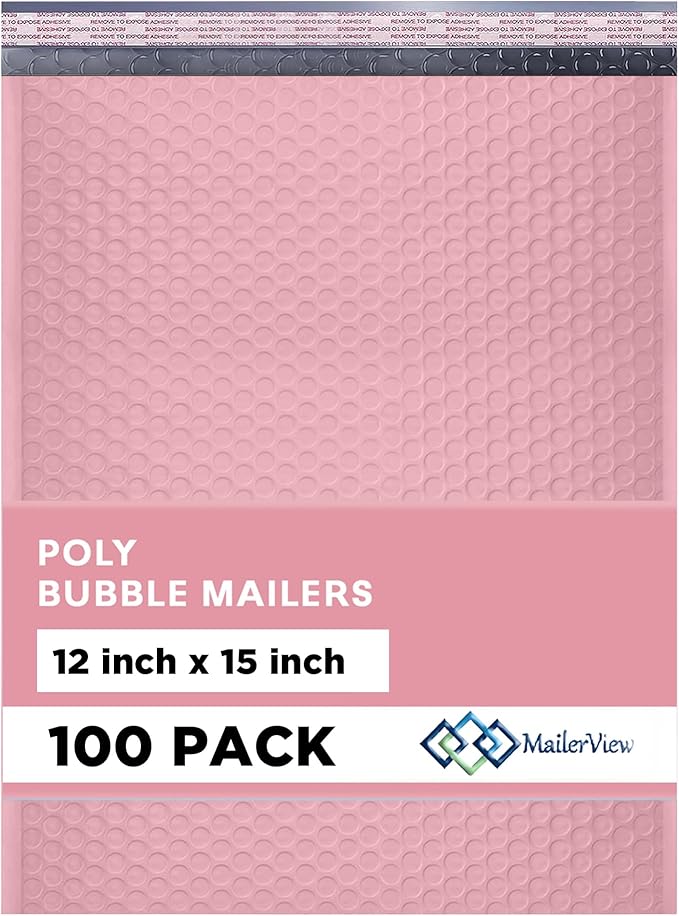 Light Pink Large Poly Bubble Mailers 12x15 inch | Self Seal Padded Envelopes by MAILERVIEW