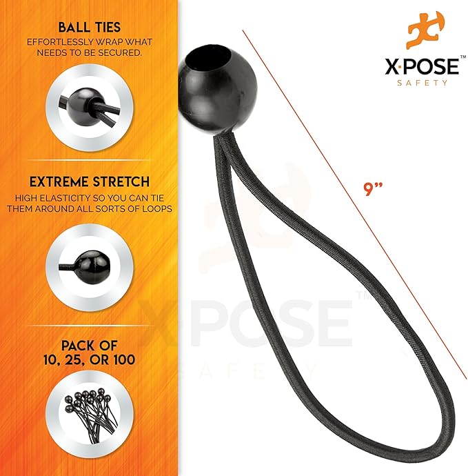 Xpose Safety Bungee Ball Cords 9" 25 Pack Heavy Duty Black Stretch Rope - Image 2