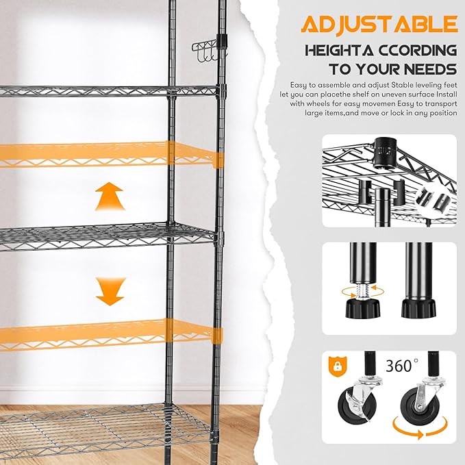 YNN Storage Shelves, 1750Lbs 5 Tier Heavy Duty Metal Rolling Shelving Unit - Image 5