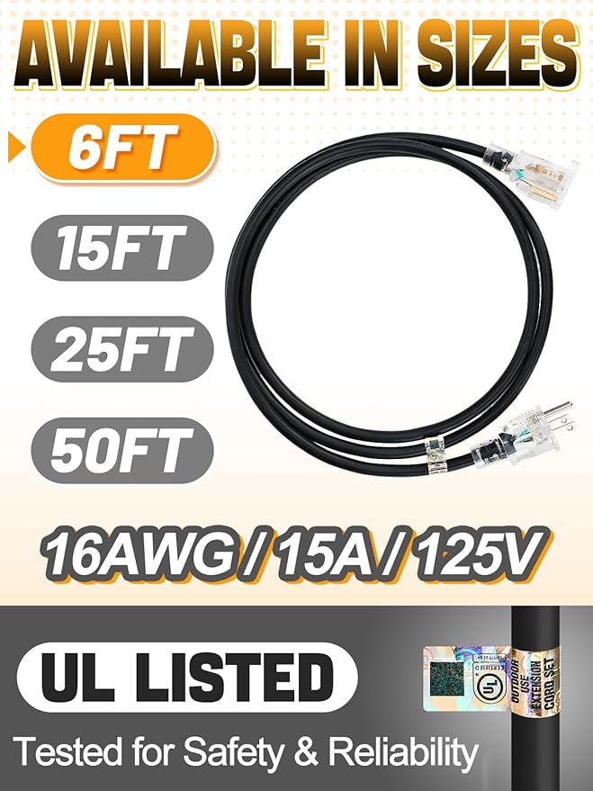 Lighted End Heavy Duty Outdoor Extension Cord Waterproof -16AWG, 3 Prong - Image 5