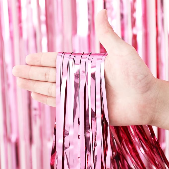 3 Pack 3.3 x 8.2 ft Light Pink Foil Fringe Backdrop Curtains, Tinsel Streamers - Image 2