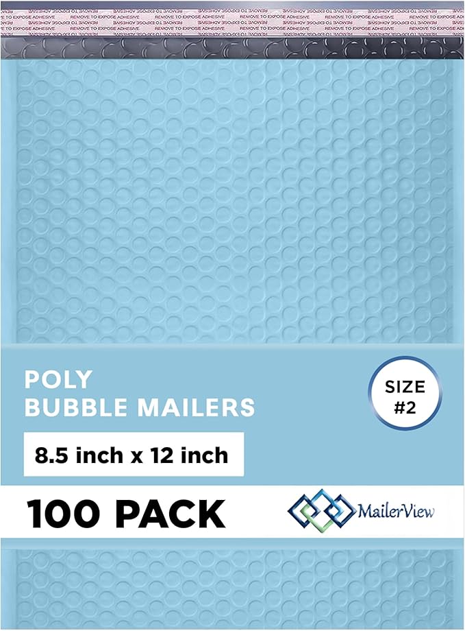 Light Blue Poly Bubble Mailers 8.5x12 inch #2 | Self Seal Padded Envelopes | by MAILERVIEW